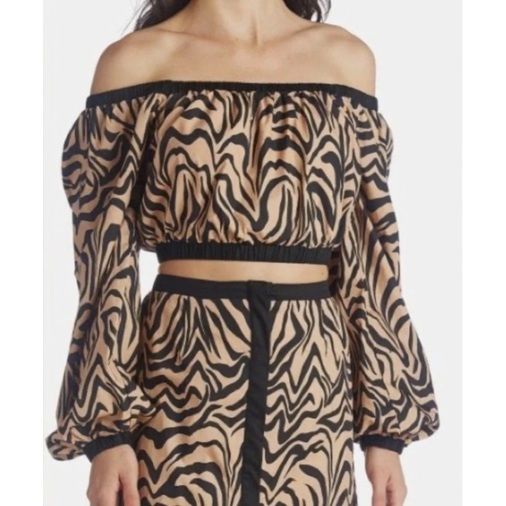 Lost‎ + Wander Zebra Print Off The Shoulder Crop Top Tan Black Large